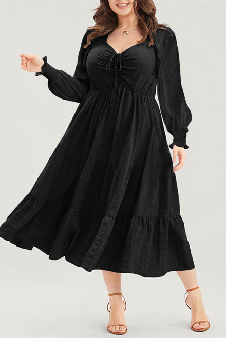 Black Lace-up Ruched Front Long Sleeve Ruffle Hem Plus Size Midi Dress Black Lace-up Ruched Front Long Sleeve Ruffle Hem Plus Size Midi Dress