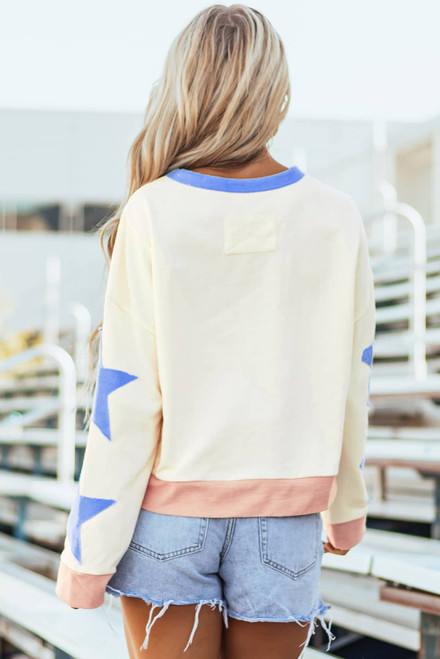 Beige Number 17 Printed Stars Patched Sleeve Cropped Sweatshirt