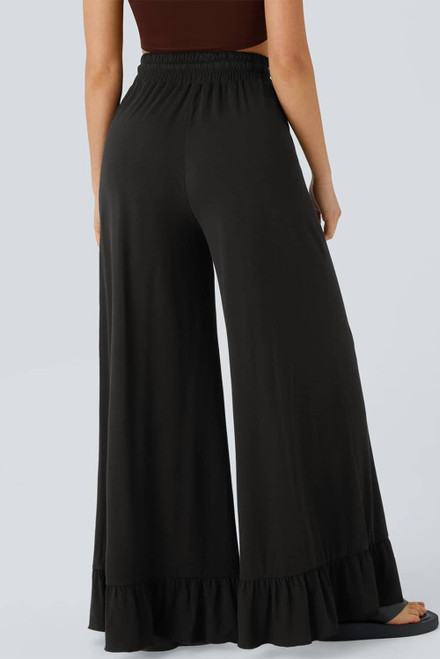 Black Ruffled Wide Leg Pull On High Waist Pants with Pockets Black Ruffled Wide Leg Pull On High Waist Pants with Pockets