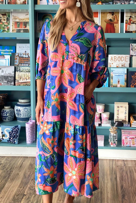 Blue Floral Print 3/4 Sleeve V Neck Tiered Long Dress Blue Floral Print 3/4 Sleeve V Neck Tiered Long Dress