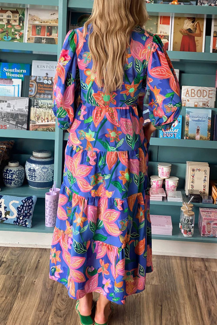 Blue Floral Print 3/4 Sleeve V Neck Tiered Long Dress Blue Floral Print 3/4 Sleeve V Neck Tiered Long Dress
