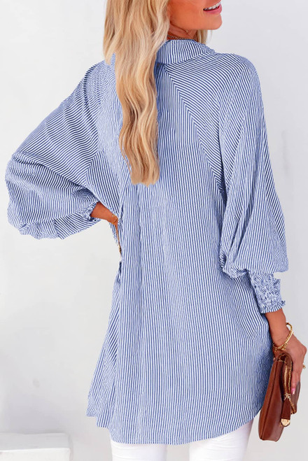 Blue Stripe Smocked Cuffed Striped Boyfriend Shirt with Pocket