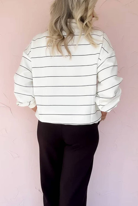 White Zip V Neck Casual Stripe Print Drop Shoulder Long Sleeve Top