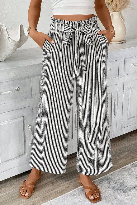 Black Stripe Tied High Waist Loose Straight Casual Pants Black Stripe Tied High Waist Loose Straight Casual Pants