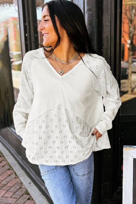 White Twisted Rib Patchwork Embroidered Loose V Neck Long Sleeve Top