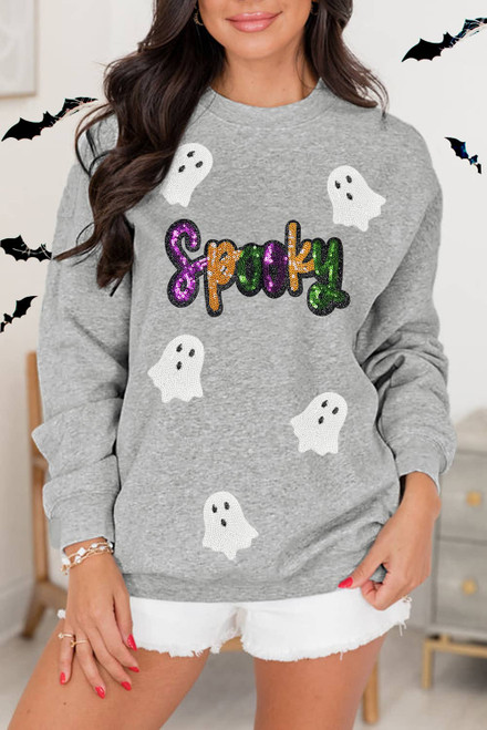 Gray Spooky Halloween Ghost Sequin Patched Sweatshirt