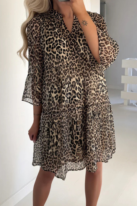 Khaki Leopard 3/4 Sleeve V Neck Swing Dress