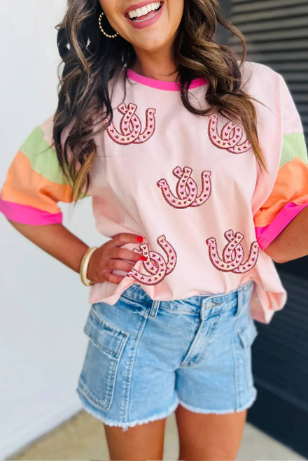 Pink Sequined Horseshoes Pattern Colorblock Half Sleeve Patchwork Tee