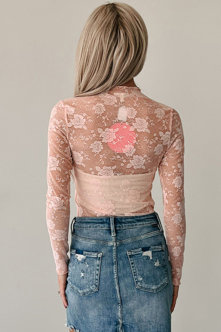 Apricot Pink Sheer Floral Lace Mesh Mock Neck Long Sleeve Top