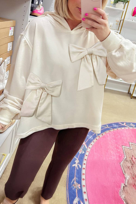 White Solid Color Cute Bow Detail Loose Hoodie