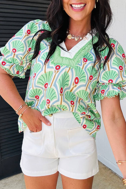 Green Floral Print Ricrac Trim Contrast V Neck Bubble Sleeve Summer Blouse Green Floral Print Ricrac Trim Contrast V Neck Bubble Sleeve Summer Blouse