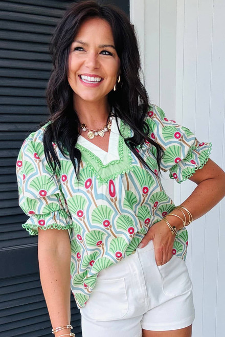 Green Floral Print Ricrac Trim Contrast V Neck Bubble Sleeve Summer Blouse Green Floral Print Ricrac Trim Contrast V Neck Bubble Sleeve Summer Blouse