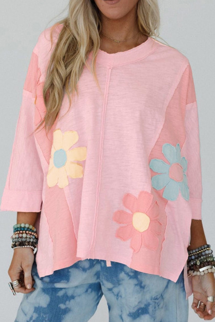 Pink Flower Patched Exposed Seam Bracelet Sleeve Oversized T Shirt