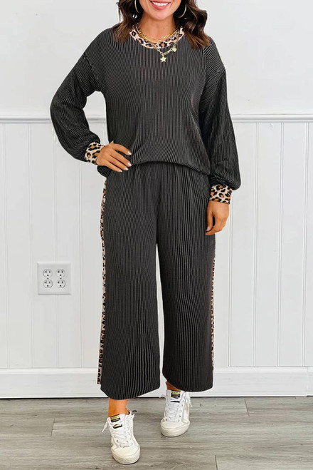 Carbon Grey Twisted Rib Texture Leopard Patchwork Detail 2pcs Pant Set Carbon Grey Twisted Rib Texture Leopard Patchwork Detail 2pcs Pant Set