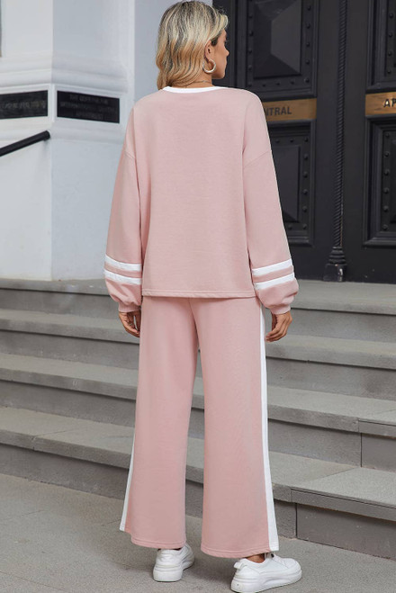 Pink Varsity Stripe Patchwork Puff Sleeve Pullover Drawstring Wide Leg Pant Set Pink Varsity Stripe Patchwork Puff Sleeve Pullover Drawstring Wide Leg Pant Set