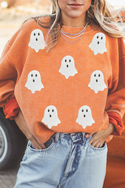 Orange Twisted Ribbed Texture Halloween Ghost Sequin Patched Sweatshirt