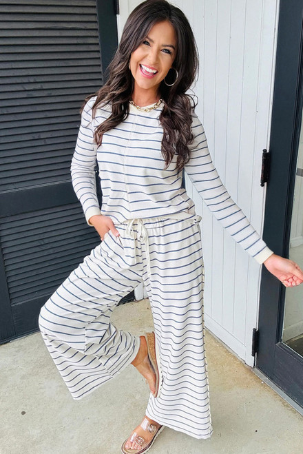 Sail Blue Striped Long Sleeve Top Drawstring Wide Leg Pants 2pcs Outfit