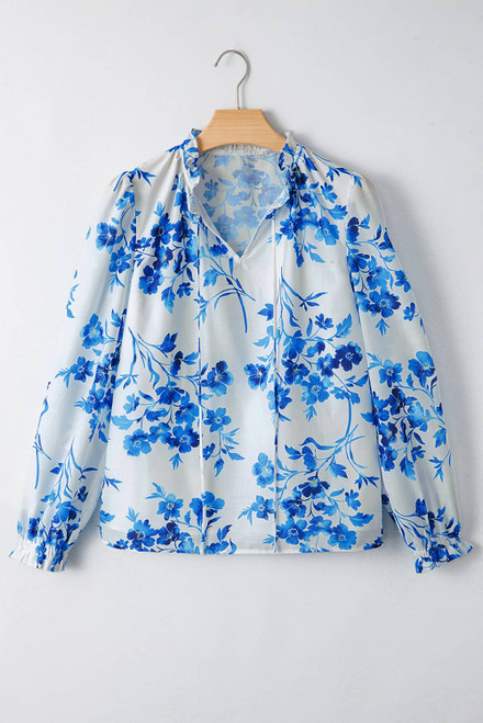 Blue Floral Long Sleeve Lace-up V Neck Blouse