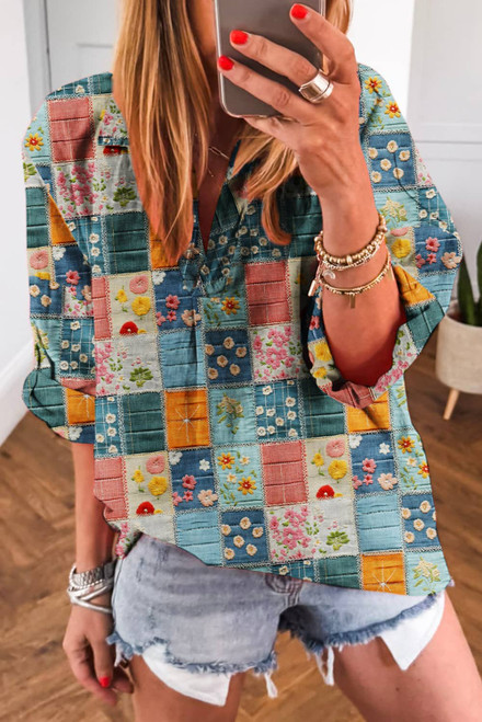 Sky Blue Floral Collared V Neck Roll up Sleeve Shift Blouse