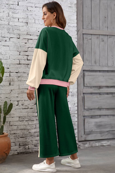 Blackish Green 2pcs Color Block Pullover Loose Pant Set Blackish Green 2pcs Color Block Pullover Loose Pant Set