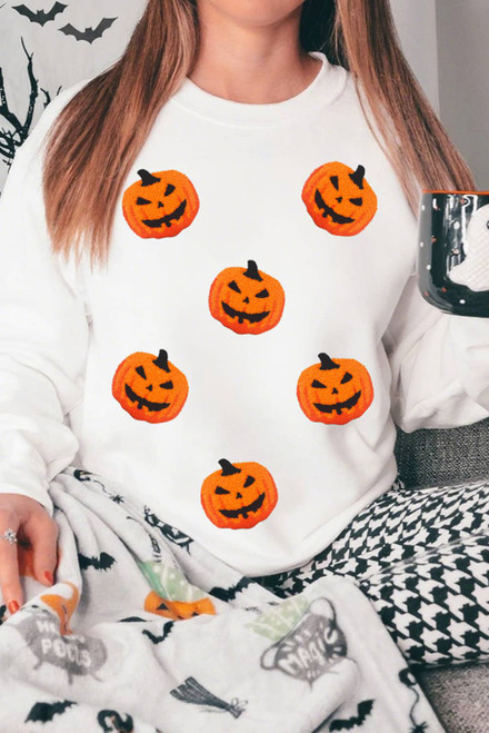 White Pumpkin Face Patched Pattern Halloween Crew Neck Sweatshirt