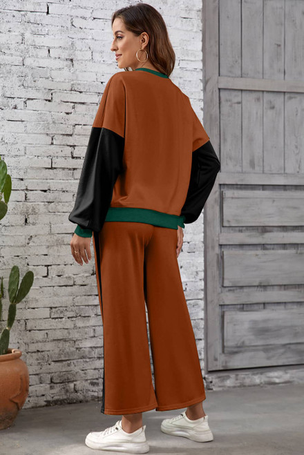 Chestnut 2pcs Color Block Pullover Loose Pant Set Chestnut 2pcs Color Block Pullover Loose Pant Set