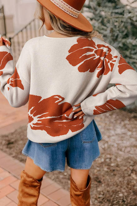Beige Bold Flower Pattern Wide Sleeve Baggy Sweater