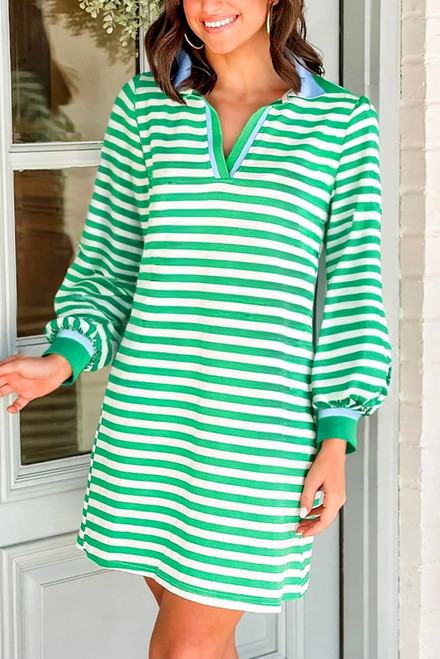 Green Striped Contrast Collar Split Neck Long Sleeve Mini Dress Green Striped Contrast Collar Split Neck Long Sleeve Mini Dress