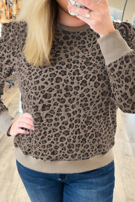 Khaki Leopard Textured Ribbed Trim Plus Size Long Sleeve Top