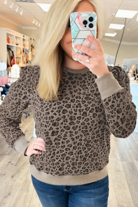 Khaki Leopard Textured Ribbed Trim Plus Size Long Sleeve Top