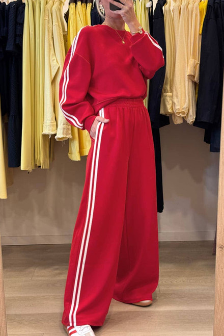 Fiery Red Varsity Striped Detail Crewneck Pullover Elastic Sweatpants 2pcs Outfit