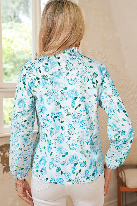 Sky Blue Floral Print Frilled Trim Tie Neck Elastic Cuffs Long Sleeve Blouse
