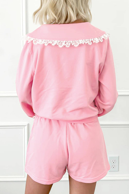 Pink Peter Pan Lace Embellished Neck Collision Sweatshirt and Skirt Two Piece Set