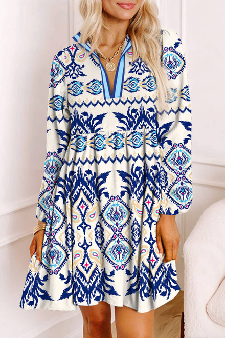 Blue Ethnic Print Striped Split Neck Long Sleeve Flowy Mini Dress Blue Ethnic Print Striped Split Neck Long Sleeve Flowy Mini Dress