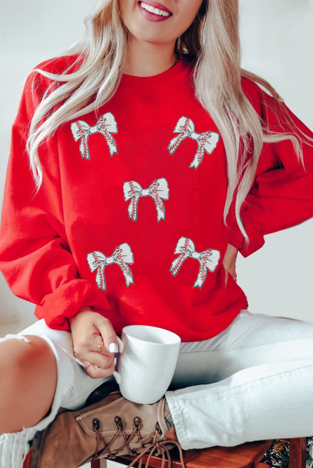 Red Sequined Baseball Bow Graphic Plus Size Sweatshirt