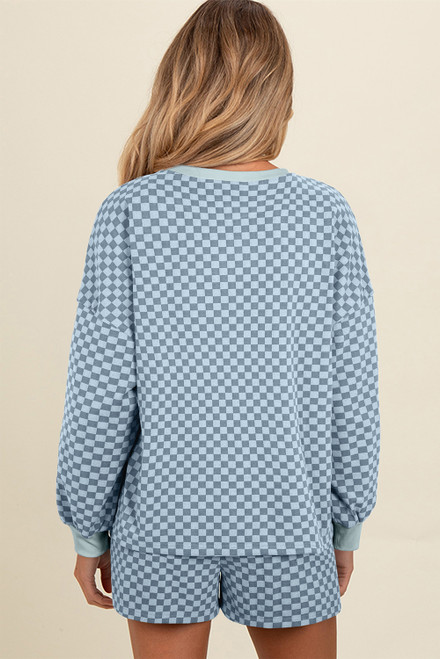 Sky Blue Checkerboard Long Sleeve Pullover and Shorts Set