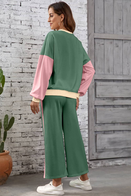 Mist Green 2pcs Color Block Pullover Loose Pant Set Mist Green 2pcs Color Block Pullover Loose Pant Set