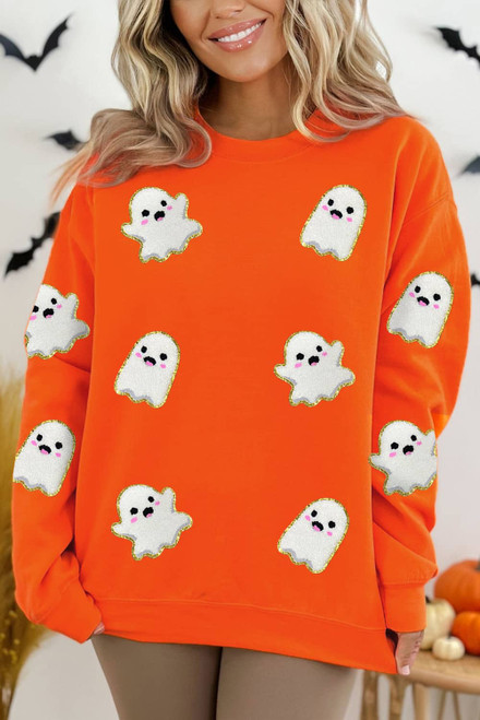 Orange Halloween Ghost Cute Patched Pattern Holiday Sweatshirt