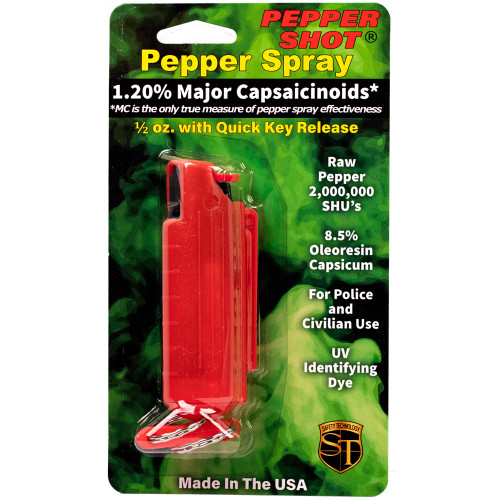Pepper Shot 1.2% MC 1/2 oz pepper spray hard case belt clip and quick release keychain red