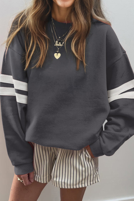 Dark Grey Varsity Striped Detail Drop Shoulder Oversized Sweatshirt