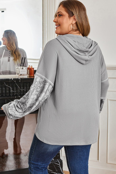 Gray Mixed Pattern Waffle Knit Patchwork Half Buttons Plus Hooded Top