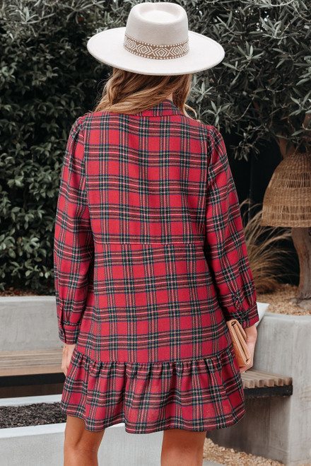 Red Plaid Shirt Collar Half Button Ruffle Hem Long Sleeve Mini Dress Red Plaid Shirt Collar Half Button Ruffle Hem Long Sleeve Mini Dress