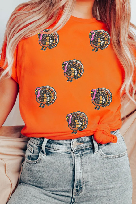 Orange Thanksgiving Turkey Sequin Graphic Womens Casual T Shirt