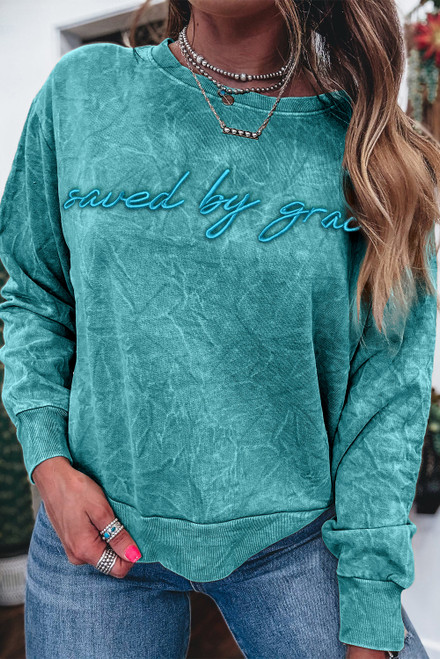 Sea Green saved by grace Letter Embroidery Mineral Wash Loose Sweatshirt