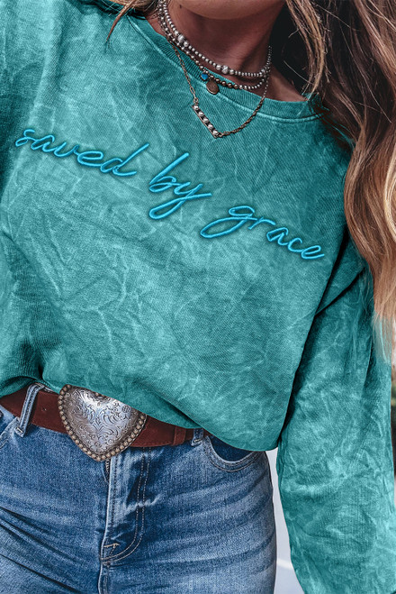 Sea Green saved by grace Letter Embroidery Mineral Wash Loose Sweatshirt