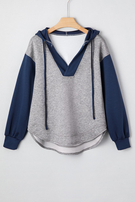 Light Grey Color Block Patchwork V Neck Drawstring Hoodie