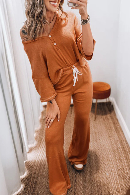 Grapefruit Orange Contrast Stitching Buttoned V Neck Half Sleeve Top and Drawstring Flare Pants Set Grapefruit Orange Contrast Stitching Buttoned V Neck Half Sleeve Top and Drawstring Flare Pants Set