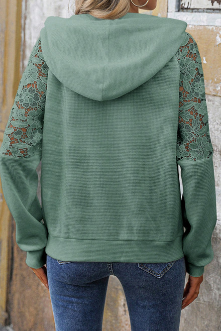 Smoke Green Lace Patchwork Raglan Sleeve Kangaroo Pocket Waffle Hoodie