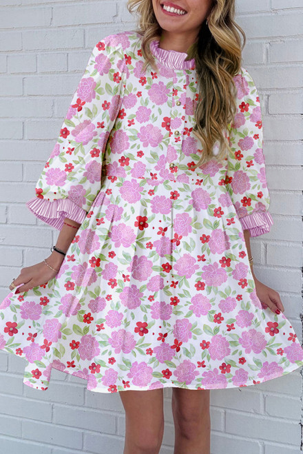 Pink Floral Print Striped Trim Frilled Neck 3/4 Sleeve Flared Mini Dress Pink Floral Print Striped Trim Frilled Neck 3/4 Sleeve Flared Mini Dress