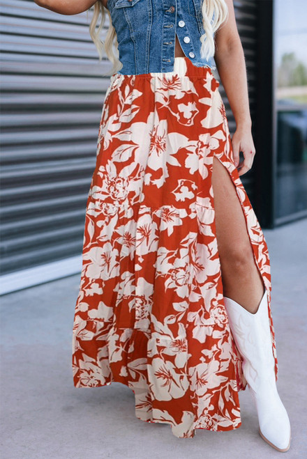Red High Split Floral Western Cowgirl Maxi Skirt Red High Split Floral Western Cowgirl Maxi Skirt